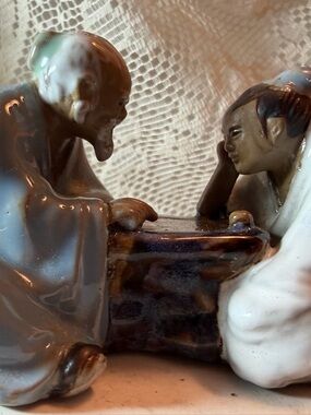 Vintage Chinese Mudmen Figurine - Two Sages Playing Go/Chess - Shiwan Pottery 4"
